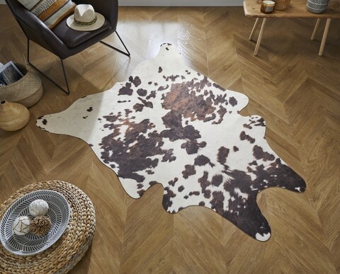 Covor Faux Animal Cow Print, 155x195 cm, 100% poliester, Alb/Negru