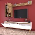 Comoda TV cu raft de perete si 2 cabinete M35 - 420, Wren, 180 x 35 x 48.6 cm/133 cm, white/walnut