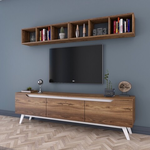 Comoda TV cu 2 rafturi M7 - 835, Wren, 180 x 35 x 48.6 cm/90 cm, walnut/white