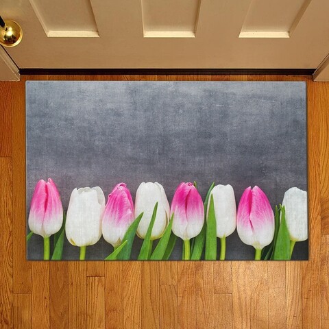Covoras de intrare Tulips, Casberg, 38x58 cm, poliester, roz/alb/gri