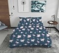 Lenjerie de pat Bedora Flamingo, 2 persoane, Bumbac Ranforce, Albastru/Roz pudra