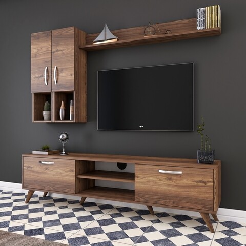 Comoda TV cu raft de perete si 2 cabinete M35 - 298, Wren, 180 x 35 x 48.6 cm/133 cm, walnut