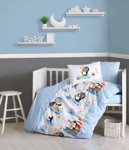 Lenjerie de pat pentru copii, 4 piese, 100% bumbac ranforce, Cotton Box, Pinguin