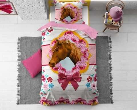 Lenjerie de pat pentru o persoana, Cute Horse Pink, Dreamhouse, 2 piese, 140x200 cm, 100% bumbac, multicolora