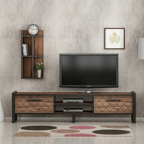 Comoda TV cu raft de perete Megy, Maison in Design, 184 x 39 x 45 cm, natural/negru