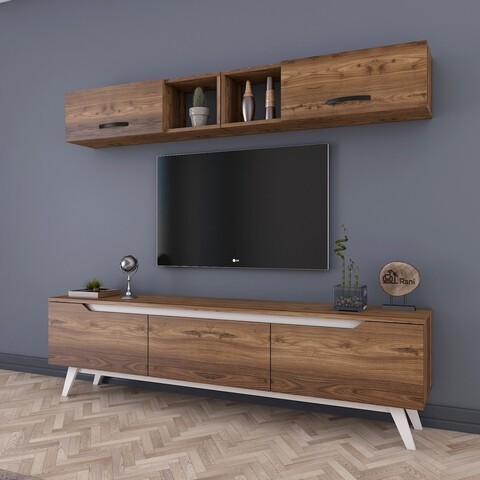 Comoda TV cu 2 rafturi de perete M4 - 826, Wren, 180 x 35 x 48.6 cm/90 cm, walnut/white