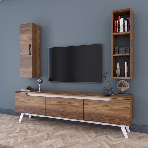 Comoda TV cu raft de perete si cabinet M14 - 838, Wren, 180 x 35 x 48.6 cm/90 cm, walnut/white