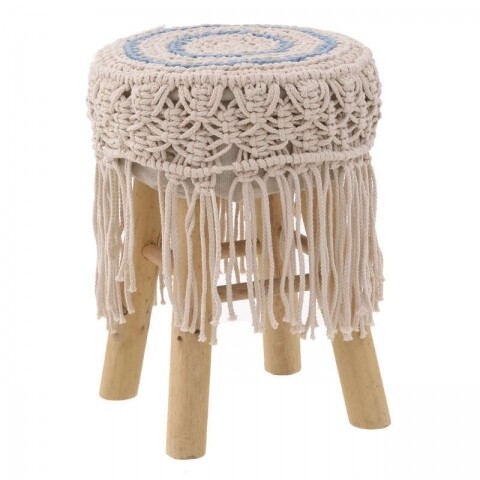 Taburet InArt Macrame Ecru Natural, 30 x 42 cm, lemn de mesteacan/poliester, ecru/albastru