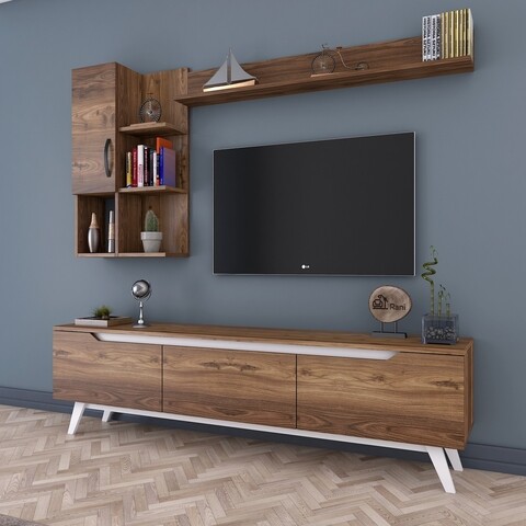 Comoda TV cu 2 rafturi de perete si cabinet M33 - 845, Wren, 180 x 35 x 48.6 cm/90 cm/133 cm, walnut/white