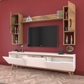 Comoda TV cu raft de perete si 2 cabinete M27 - 389, Wren, 180 x 35 x 48.6 cm/133 cm, white/walnut