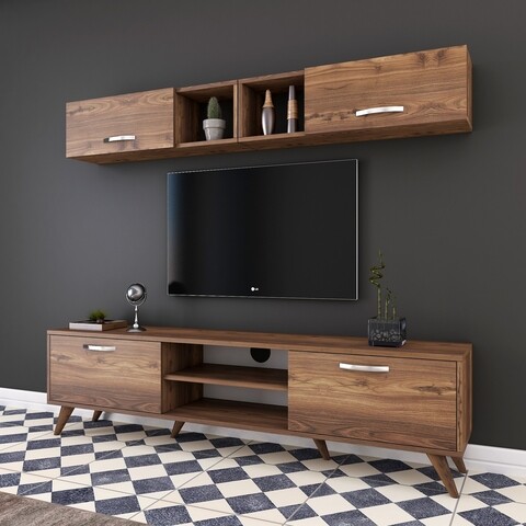 Comoda TV cu 2 rafturi de perete M4 - 233, Wren, 180 x 35 x 48.6 cm/90 cm, walnut