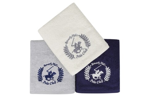 Set 3 prosoape de maini, Beverly Hills Polo Club, 402 - White, Grey, Dark Blue, 50x90 cm, 100% bumbac, alb/gri/bleumarin