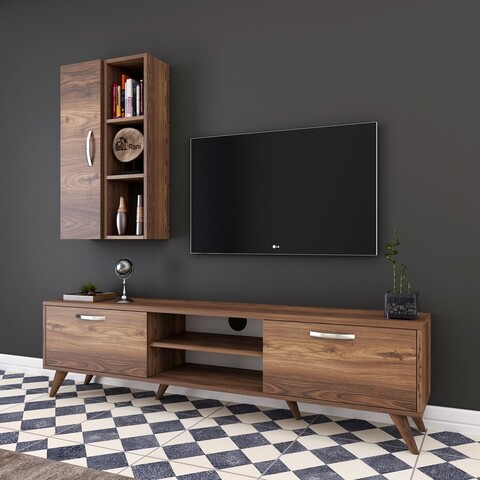 Comoda TV cu raft de perete si cabinet M37 - 302, Wren, 180 x 35 x 48.6 cm/90 cm, walnut