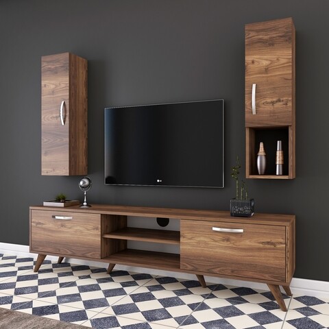 Comoda TV cu 2 cabinete M21 - 272, Wren, 180 x 35 x 48.6 cm/90 cm, walnut