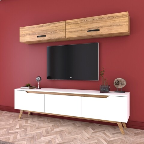 Comoda TV cu 2 rafturi de perete M19 - 414, Wren, 180 x 35 x 48.6 cm/90 cm, white/walnut
