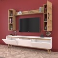 Comoda TV cu 2 rafturi de perete si cabinet M9 - 385, Wren, 180 x 35 x 48.6 cm/90 cm/133 cm, white/walnut