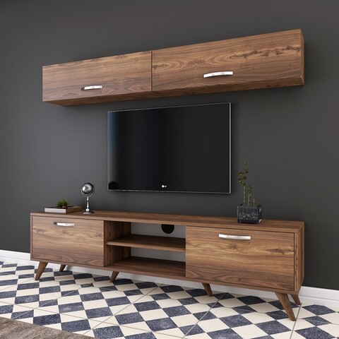 Comoda TV cu 2 rafturi de perete M19 - 268, Wren, 180 x 35 x 48.6 cm/90 cm, walnut