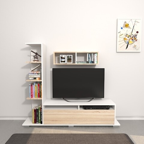 Comoda TV cu raft de perete Argo, Homemania, 150 x 28.5 x 125 cm, alb/sonoma