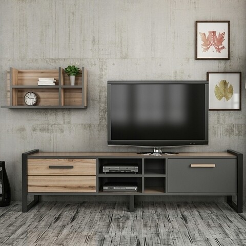 Comoda TV cu raft de perete Leno, Maison in Design, 184 x 39 x 45 cm, natural/antracit