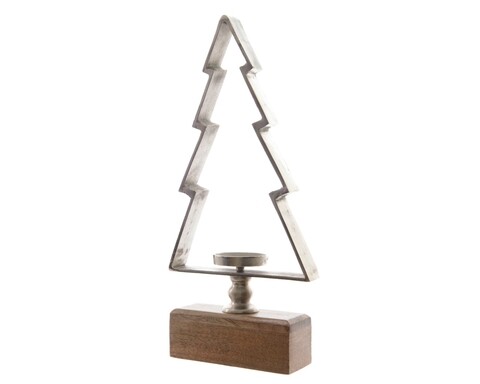 Suport de lumanare Tree, Decoris, 25 x 52 cm, aluminiu/lemn, argintiu/maro