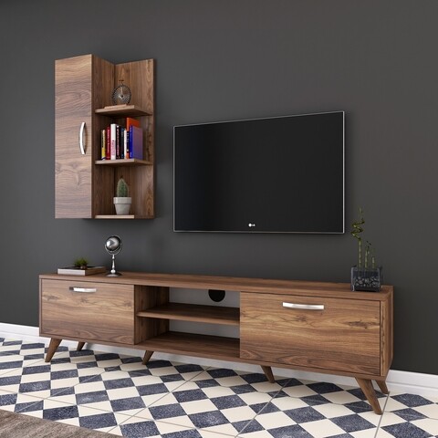 Comoda TV cu raft de perete si cabinet M47 - 321, Wren, 180 x 35 x 48.6 cm/90 cm, walnut