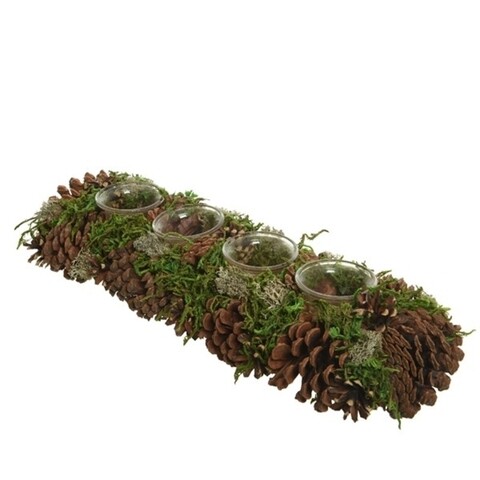 Decoratiune cu 4 suporturi pentru lumanari Pinecone w moss, Decoris, 15x45x9 cm,verde/maro