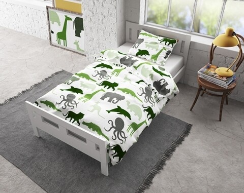 Lenjerie de pat pentu o persoana, Small Dino Green, Royal Textile, 2 piese, 140 x 200 cm, 100% bumbac flanel, alb/verde