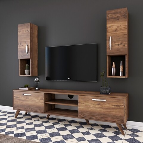 Comoda TV cu 2 cabinete M28 - 286, Wren, 180 x 35 x 48.6 cm/90 cm, walnut
