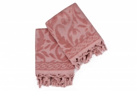 Set 2 prosoape de maini 50x90 cm, 100% bumbac, Saheser, Bağlamalı Firuze  Dusty Rose