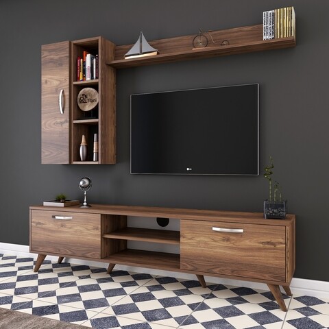 Comoda TV cu 2 rafturi de perete si cabinet M45 - 317, Wren, 180 x 35 x 48.6 cm/90 cm/133 cm, walnut