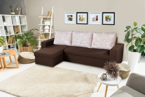 Coltar extensibil reversibil Oslo Dark Chocolate Beige Flower Bedora, cu lada de depozitare, 247x148x78 cm