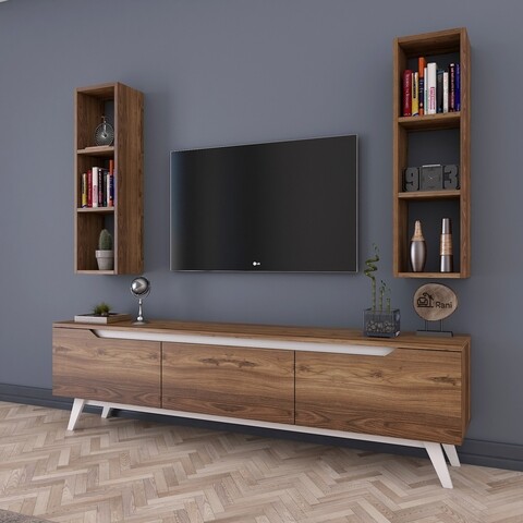 Comoda TV cu 2 rafturi de perete M6 - 828, Wren, 180 x 35 x 48.6 cm/90 cm, walnut/white