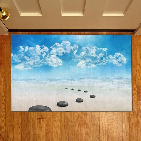 Covoras de intrare Stones on the sand, Casberg, 38x58 cm, poliester, alb/albastru