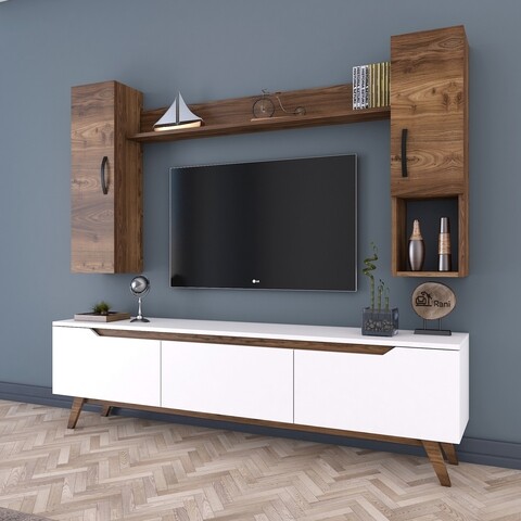 Comoda TV cu raft de perete si 2 cabinete M22 - 815, Wren, 180 x 35 x 48.6 cm/90 cm/133 cm, white/walnut