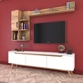 Comoda TV cu 2 rafturi de perete si cabinet M33 - 419, Wren, 180 x 35 x 48.6 cm/90 cm/133 cm, white/walnut