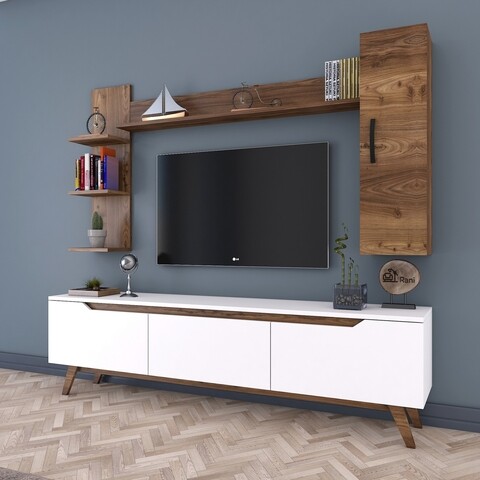 Comoda TV cu 2 rafturi de perete si cabinet M20 - 814, Wren, 180 x 35 x 48.6 cm/90 cm/133 cm, white/walnut
