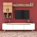 Comoda TV cu raft de perete si 2 cabinete M35 - 420, Wren, 180 x 35 x 48.6 cm/133 cm, white/walnut