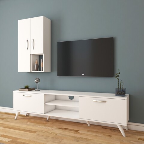 Comoda TV cu 2 cabinete M43 - 314, Wren, 180 x 35 x 48.6 cm/90 cm, white