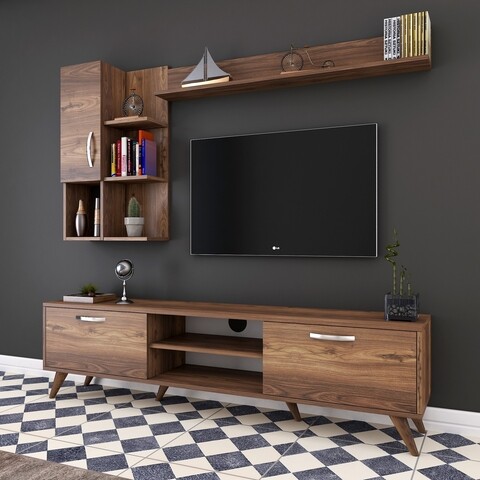 Comoda TV cu 2 rafturi de perete si cabinet M33 - 294, Wren, 180 x 35 x 48.6 cm/90 cm/133 cm, walnut