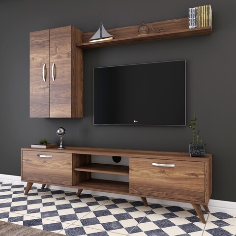 Comoda TV cu raft de perete si 2 cabinete M40 - 307, Wren, 180 x 35 x 48.6 cm/133 cm, walnut