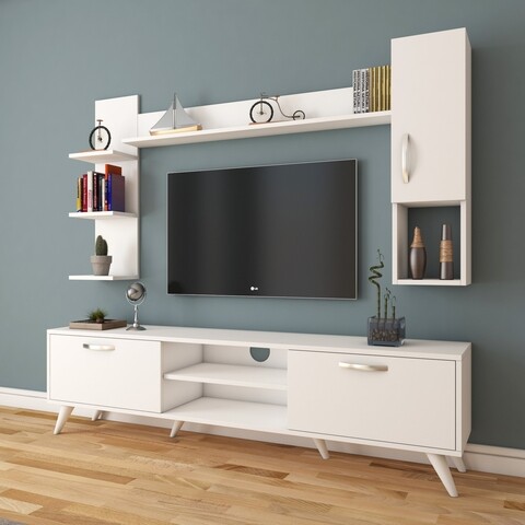 Comoda TV cu 2 rafturi de perete si cabinet M25 - 279, Wren, 180 x 35 x 48.6 cm/90 cm/133 cm, white