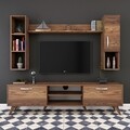 Comoda TV cu 2 rafturi de perete si cabinet M12 - 254, Wren, 180 x 35 x 48.6 cm/90 cm/133 cm, walnut