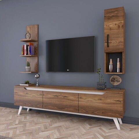 Comoda TV cu raft de perete si cabinet M3 - 825, Wren, 180 x 35 x 48.6 cm/90 cm, walnut/white