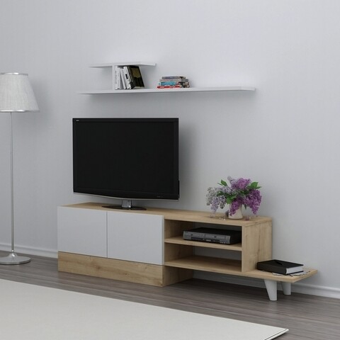 Comoda TV cu raft de perete Derin, Maison in Design, 159.5 x 31.5 x 40 cm, alb/natural