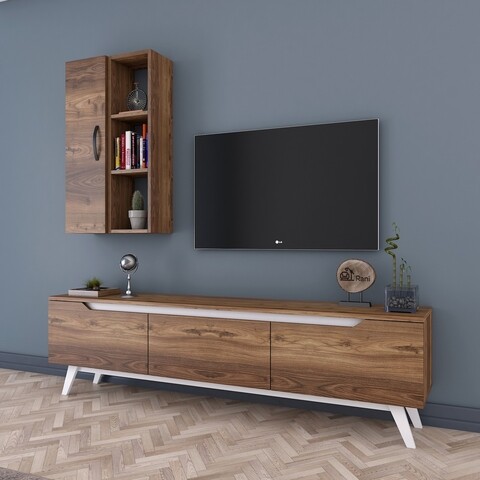 Comoda TV cu raft de perete si cabinet M37 - 848, Wren, 180 x 35 x 48.6 cm/90 cm, walnut/white