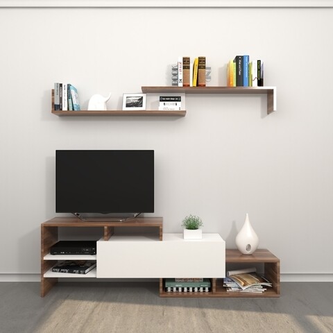 Comoda TV cu raft de perete Fenice, Homemania, 150 x 27 x 45 cm, alb/natural