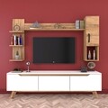 Comoda TV cu 2 rafturi de perete si cabinet M25 - 418, Wren, 180 x 35 x 48.6 cm/90 cm/133 cm, white/walnut