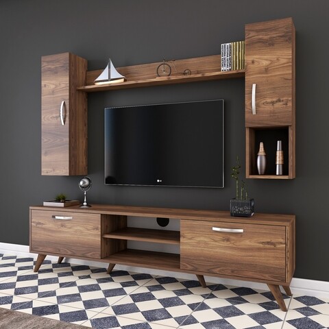 Comoda TV cu raft de perete si 2 cabinete M22 - 274, Wren, 180 x 35 x 48.6 cm/90 cm/133 cm, walnut