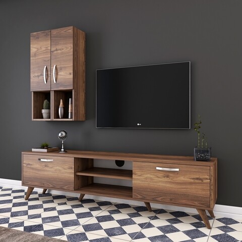 Comoda TV cu 2 cabinete M39 - 305, Wren, 180 x 35 x 48.6 cm/90 cm, walnut