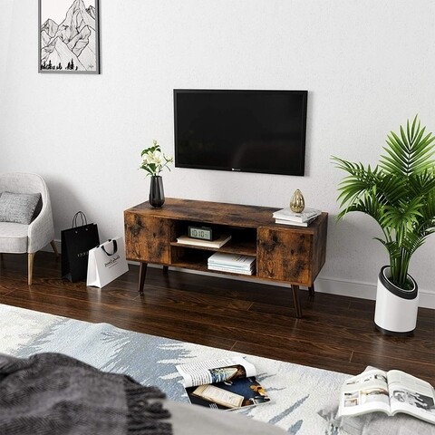 Comoda TV cu 2 usi, Vasagle, 110 x 40 x 49.5 cm, PAL/lemn de arbore de cauciuc, maro rustic